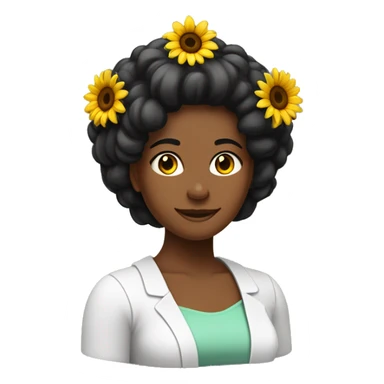 Mujer blanca, pelo negro, farmaceutica, sin lentes, pelo lacio hasta los hombros, con diadema de colores, gabacha con logo de girasol sticker