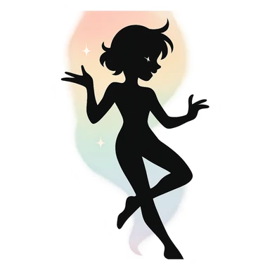 minimalist silhouette of a radiant, delicate figure with a soft pastel aura, a hint of sparkle in the eyes, and a graceful pose, exuding carefree charm and playful chaos sticker