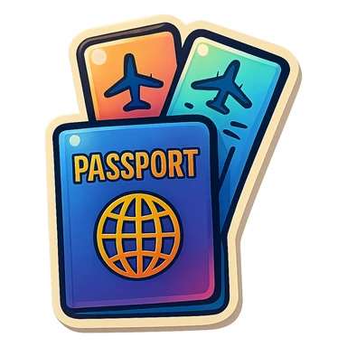 playful retro sticker-style illustration of a passport with two airline tickets fanned out from the top, bold outlines, smooth forms, and glossy expressive highlights sticker