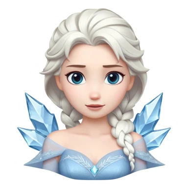 Cinematic Timeless Snow Queen Portrait Emoji, rendered in a clean, vector style. Depict Elsa with icy pale skin, intricately styled platinum hair, and a serene, regal expression, dressed in a minimalist ice-blue gown. The design features bold, simplified shapes, a soft, drowsy crystalline glow, and a subtle glowing outline, capturing the essence of timeless, majestic winter beauty. sticker