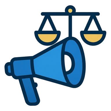 minimalist icon for advocacy consulting firm, stylized megaphone and scales of justice, navy blue white gold accents, symbolizes empowerment influence positive change sticker
