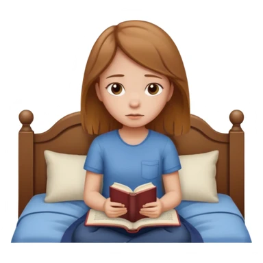 Девушка со светлыми русыми волосами сидит на кровати грустная с книжкой sticker