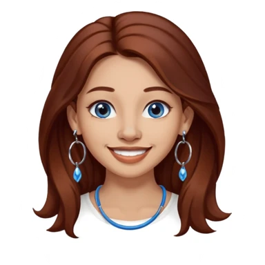 Create a custom emoji-style character inspired by a smiling woman with long dark reddish-brown hair, light skin tone, dark blue eyes, a nose piercing on each nostril, and hoop earrings. sticker