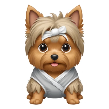 Small old yorkie wearing a diaper sticker