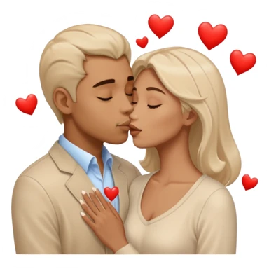 A man in pale beige clothes and a woman in pale beige clothes are kissing with white hearts sticker