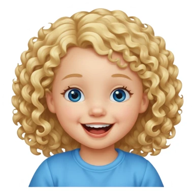 Cutest little toddler girl with curly blonde hair, dimple in right cheek, blue eyes, laughing sticker