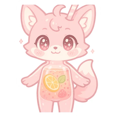 full-body chibi pastel pink fox-blender hybrid with transparent body showing a fruity smoothie inside, sparkling eyes, transparent background sticker