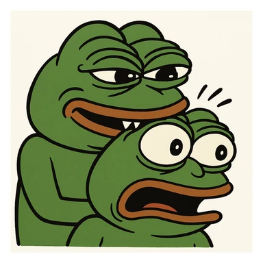 exaggerated cartoon style Pepe the Frog biting another Pepe the Frog sticker