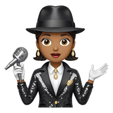 Create a dynamic emoji representing pop vocal performance with a vintage microphone as the centerpiece, surrounded by iconic elements of Michael Jackson's stage attire. Include the signature black sequined jacket, white gloves with rhinestones, and a fedora hat placed next to the mic, evoking the style and energy of classic pop performances. Add subtle sparkles or light effects around the microphone and the clothing to reflect the glamorous, energetic atmosphere of a pop concert. Use bold colors like black, silver, and gold to convey the showmanship and sophistication of pop music. The background should be transparent. sticker