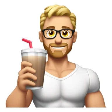 caucasian white muscled guy drinking a protein shake, half body shirtless, wear glasses sticker