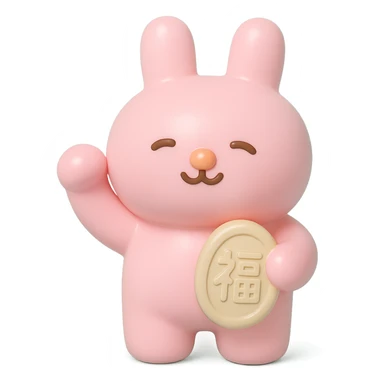 pink bunny holding lucky charm and pumping fist, vinyl figure style sticker