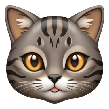 cinematic-cute-grey-and-black-brown-tabby-cat-portrait-emoji,-head-tilted-playfully-and-inquisitively,-sleek-grey-brown-fur-with-bold-black-tabby-stripes-and-a-distinctive-m-shaped-marking-on-the-forehead,-sparkling-amber-eyes,-simplified sticker
