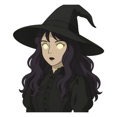 gothic woman with purple hair, witchy touch, wearing a witch hat and glowing eyes, ghibli style sticker