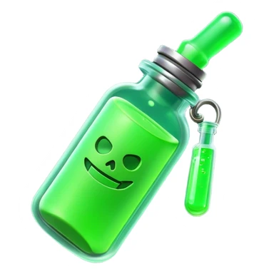 Clash of Clans aesthetic: Cinematic Playful Sci-fi green health pack Emoji, rendered in a 3D vector-style similar to standard emojis with minimal shading and bold, simplified shapes. A compact, futuristic vial with a glowing neon liquid and sleek contours, softly glowing with a healing cosmic charm. Simplified yet unmistakably iconic, highly detailed and consistent, glowing with a soft radiant glow and high shine. Stylized with a touch of futuristic alchemy and a soft glowing outline, capturing the essence of a vital energy elixir with a playful, interstellar spirit! sticker