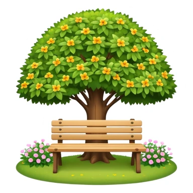 bright bench beneath a tree, surrounded by small flowers, clean and friendly sticker