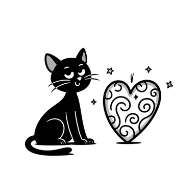 hand drawn cat and heart with stars and swirls, doodle style sticker
