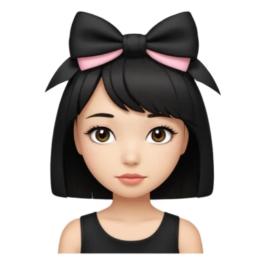 Girl with black cute bob cut with a black top and a bow on her head with long lashes sticker