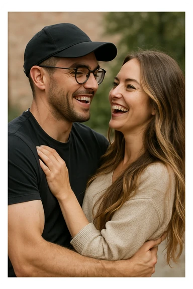 A man with a cap, glasses, strong arms, brown eyes, very short dark chestnut hair, and light skin, holding a woman with green eyes and very long brown-blonde balayage hair. They are laughing at each other. sticker