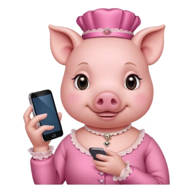 girl pig in victorian pink finery scrolling on a cell phone sticker