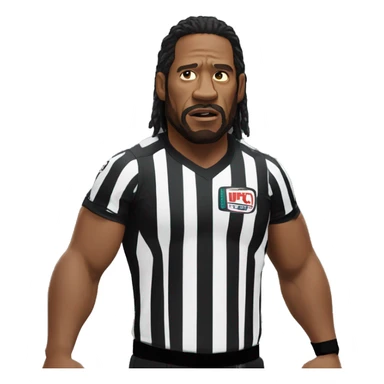 ufc referee herb dean shrugging his shoulders with a black shirt sticker
