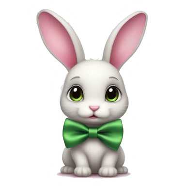 cute cartoon-style small bunny with long ears, a pink bow on its head, and a green satin bow tie around its neck. It appears to be sitting down and has a soft, innocent expression, giving it a charming and gentle appearance. sticker