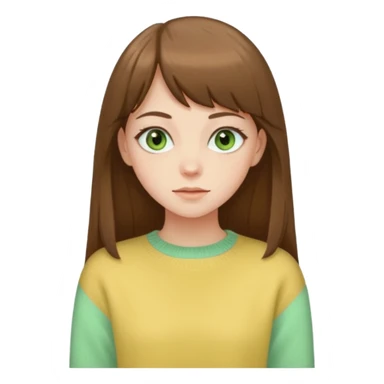 please create an emoji of a semi pale girl with long brown hair with a thin bang, green eyes, wearing a pastel yellow sweater sticker