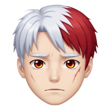 Shoto Todoroki face only, left side white hair, right side red hair, heterochromatic eyes, burn scar on left side of face, serious expression sticker