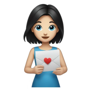 girl with black hair and blue eyes holding a love letter sticker