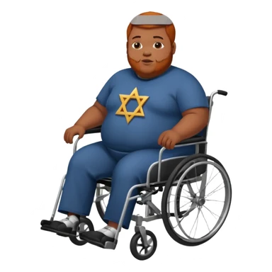 Obese Down syndrome black man with ginger hair in a wheelchair with a Jewish symbol  sticker