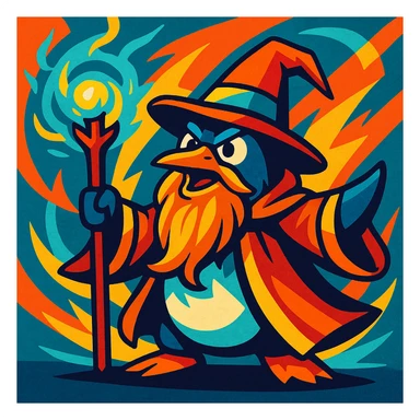 a heroic penguin wizard with a long beard, staff, and magical aura, bold dynamic style, vibrant toon style, strong and energetic colors sticker