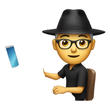 A memoji-style man, wear nearsighted glasses, a traditional Vietnamese conical hat , black shirt, sitting at a desk, a cup of coffee on desk, typing on keyboard, laptop in front sticker