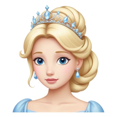 Cinematic Majestic Cinderella Portrait Emoji, rendered in a realistic, vector-style with clean, bold shapes. Depict Cinderella with a refined, noble expression, her fair skin luminous and her long blonde hair styled in an elegant updo, adorned with a delicate tiara. Her attire is a simple, sparkling ball gown that radiates soft pastel hues, glowing with a soft, majestic light and a subtle glowing outline, epitomizing classic royal beauty. sticker