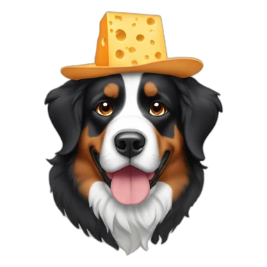 A Bernese mountain dog wearing a cheese head hat sticker