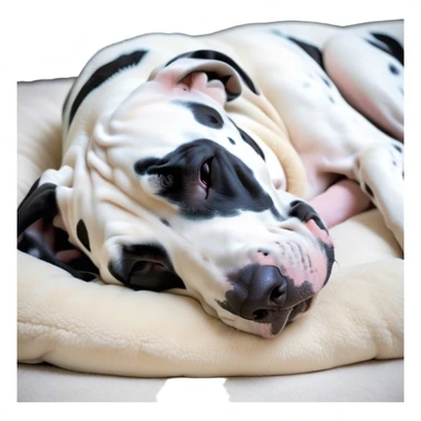 Meme-Worthy Cute Sleeping Harlequin Great Dane Portrait Emoji, Head resting peacefully with a contented smile, showcasing a delightfully majestic build and a luxuriously soft coat of predominantly white with bold black patches, eyes shut in a serene nap, Simplified yet hilariously adorable features, highly detailed, glowing with a soft, drowsy light, high shine, relaxed and utterly lovable, stylized with an air of playful laziness, bright and heartwarming, soft glowing outline, capturing the essence of a comically sleepy guardian, so meme-worthy it feels like it could instantly become the next viral sensation of adorable slumber! sticker