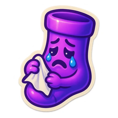 A neon-purple sock with a crying face, holding a tissue, representing crying or sadness. sticker