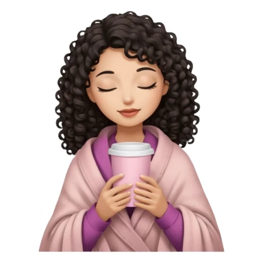 woman with medium tone, black long 3b curls, closed eyes, feminine face, holding soft pink coffee cup with beige blanket over shoulders sticker