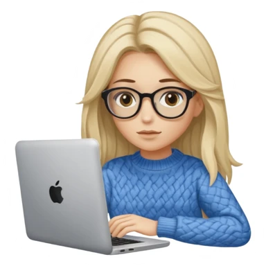 ragazza bionda con capelli lunghi, con occhiali tartarugati, occhi azzurri, con maglione beige, seduti alla scrivania che lavora al pc sticker