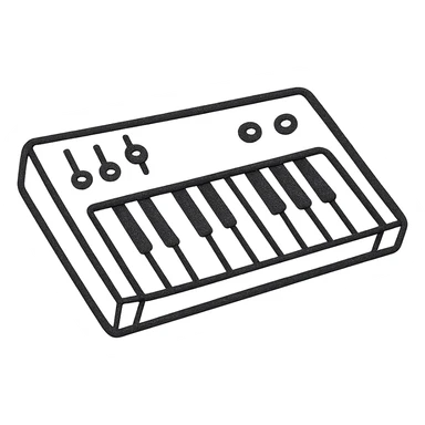 MIDI keyboard icon, hand drawn, black outlines, no fill, simple and clean, angled view sticker