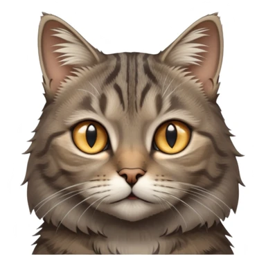 cinematic-[grey brown tabby cat]-realistic-emoji,-head-tilted-dramatically,-scruffy-[grey]-fur,-simplified-yet-realistic-focused-features,-highly-detailed,-glowing-with-an-almost-sarcastic-glow sticker