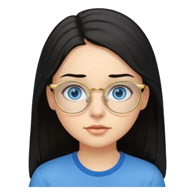 a black haired girl with blue eyes and glasses with blue shirt and long hair and gold glasses sticker