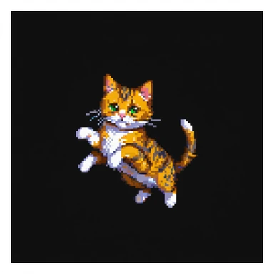 Make the jumping European shorthair cat a tabby cat in pixel art style, showing dynamic movement with a white background. sticker