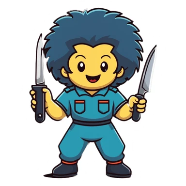 wild savage person in 1988 retro outfit with big hair, holding knife, evil laughing expression sticker