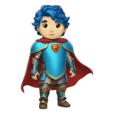 a boy with CYAN skin and deep blue hair, wearing armor and a short red cape sticker