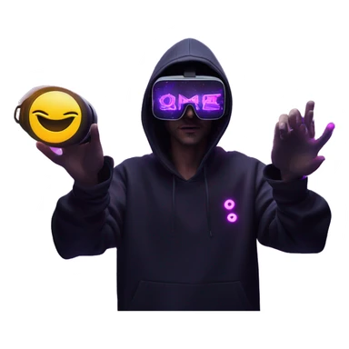 Russian man wearing a black hoodie with "OMG" letters on it and VR headset oculus quest 2 in a cyberpunk VR environment with violet neon lighting. Showing direction with hand sticker