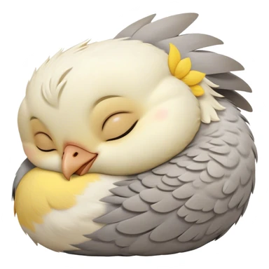 Meme-Worthy Cute Sleeping Cockatiel Portrait Emoji, Head resting peacefully with a contented smile, showcasing a delicate, slender build and a luxuriously soft grey fur with gentle yellow accents, eyes shut in a serene nap, Simplified yet hilariously adorable features, highly detailed, glowing with a soft, drowsy light, high shine, relaxed and utterly lovable, stylized with an air of playful laziness, bright and heartwarming, soft glowing outline, capturing the essence of a comically sleepy cockatiel, so meme-worthy it feels like it could instantly become the next viral sensation of adorable slumber! sticker