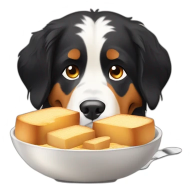 bernese mountain dog eating swiss fondue with bread sticker