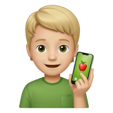 happy little kid with a phone, apple style emoji, wearing a green shirt, concise style typical of apple emojis sticker