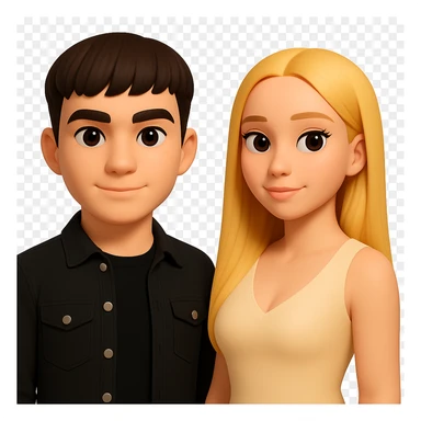 Slightly increase the volume of the upper body of the girl, separate the girl and the boy from each other, make the skin color the same for both characters. Maintain the cartoonish 3D style and keep the background transparent. sticker