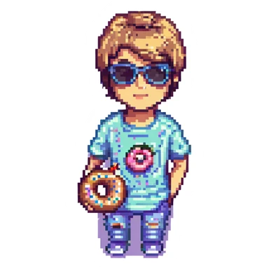Add sunglasses to Justin Bieber while he holds a donut, keep pixel art style, no background, sunglasses added on face, donut in hand visible clearly. sticker