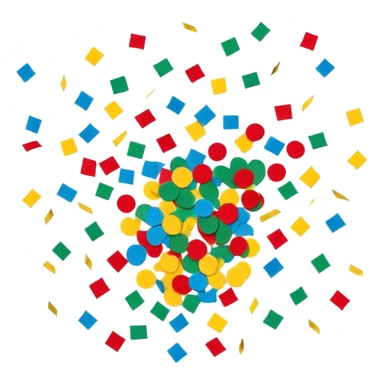 Colorful confetti pieces floating in the air, scattered randomly with a sense of motion. The confetti includes small paper strips and round shapes in vibrant colors like red, blue, yellow, and green. Soft shadows and subtle transparency give a light and festive feel. Flat, modern illustration, clean and minimal, white background. sticker